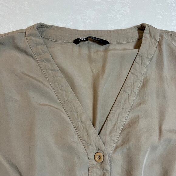 ZARA V-Neck Button Up Utility Playsuit Romper Size Medium Neutral Safari Casual - Picture 6 of 15